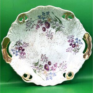 Antique Porcelain Dish Shallow Serving Bowl Floral Gold Gilded Handles Cutouts
